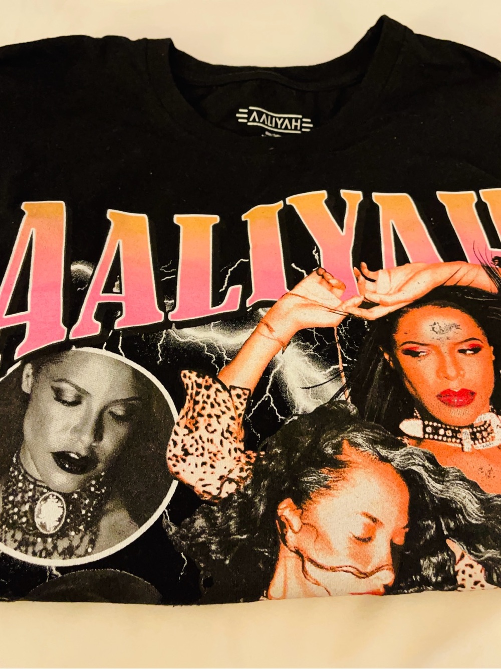 AALIYAH Black Graphic Tee with Pink & Orange Logo
